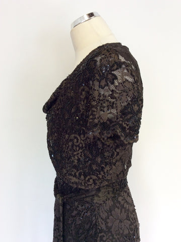 PHASE EIGHT DARK BROWN BEADED & SEQUINNED LACE DRESS & BOLERO JACKET SIZE 10