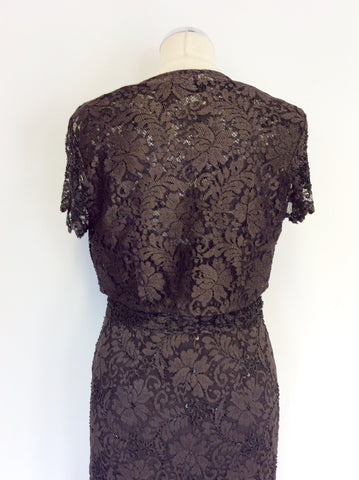 PHASE EIGHT DARK BROWN BEADED & SEQUINNED LACE DRESS & BOLERO JACKET SIZE 10