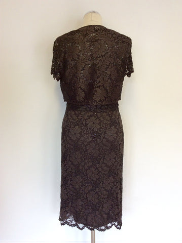 PHASE EIGHT DARK BROWN BEADED & SEQUINNED LACE DRESS & BOLERO JACKET SIZE 10