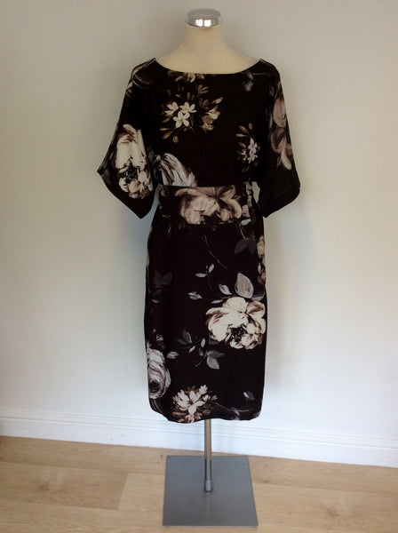 PHASE EIGHT DARK BROWN FLORAL PRINT TIE WAIST DRESS SIZE 16