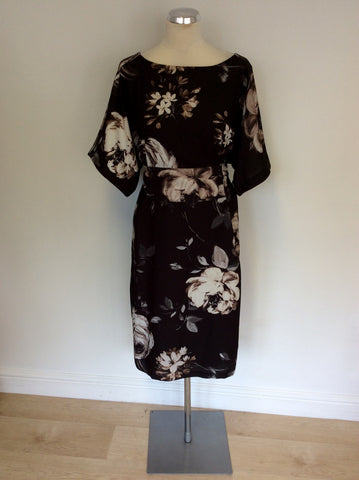 PHASE EIGHT DARK BROWN FLORAL PRINT TIE WAIST DRESS SIZE 16