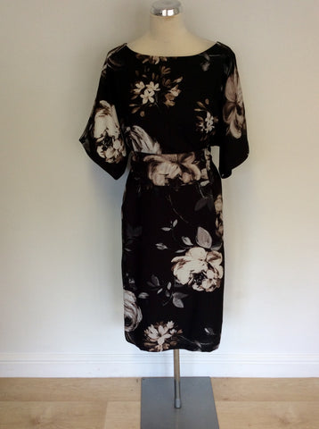 PHASE EIGHT DARK BROWN FLORAL PRINT TIE WAIST DRESS SIZE 16