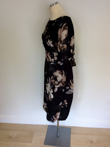 PHASE EIGHT DARK BROWN FLORAL PRINT TIE WAIST DRESS SIZE 16
