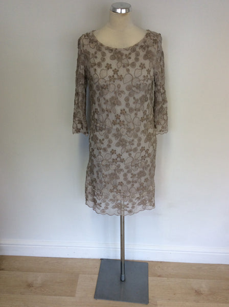 PHASE EIGHT BEIGE EMBROIDERED NET OVERLAY DRESS SIZE M