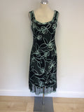 PHASE EIGHT BLACK & GREEN NET OVERLAY APPLIQUÉ DRESS & CARDIGAN SIZE 14