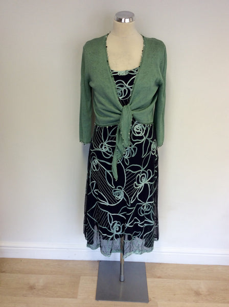 PHASE EIGHT BLACK & GREEN NET OVERLAY APPLIQUÉ DRESS & CARDIGAN SIZE 14