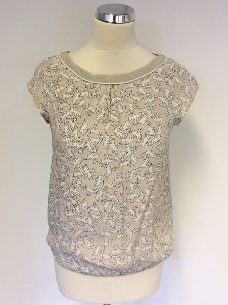 MINT VELVET NUDE & WHITE DOVE PRINT SILK TOP SIZE 8