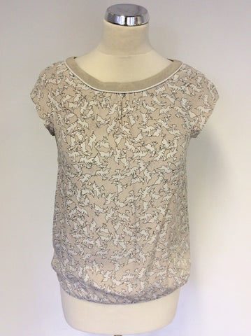 MINT VELVET NUDE & WHITE DOVE PRINT SILK TOP SIZE 8