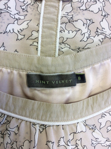MINT VELVET NUDE & WHITE DOVE PRINT SILK TOP SIZE 8