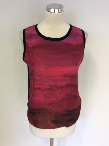JIGSAW PINK SILK PRINT & BLACK FINE KNIT SLEEVELESS TOP SIZE S