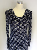 GHOST BLACK,GREY & WHITE PRINT LONG SLEEVE DRESS SIZE 8