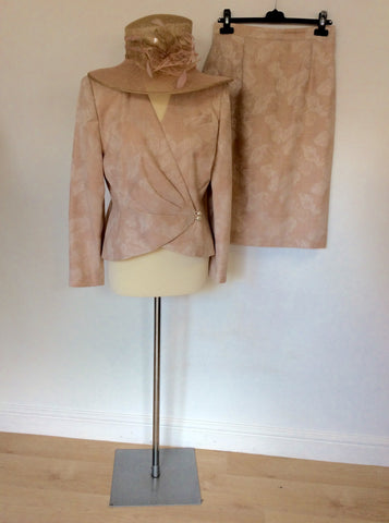 MANSFIELD LONDON PINK & BEIGE JACKET & SKIRT SUIT SIZE 12/14 WITH MATCHING HAT
