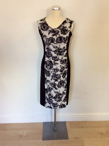 PHASE EIGHT BLACK,WHITE & GREY FLORAL PRINT STRETCH BODYCON DRESS SIZE 14