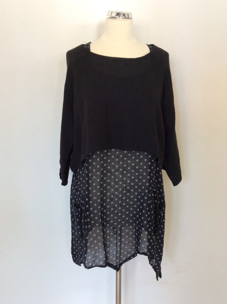 J&S MILLENIUM BLACK SPOTTED LINEN & COTTON LAGENLOOK TOP SIZE M/L