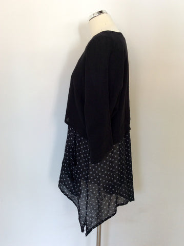 J&S MILLENIUM BLACK SPOTTED LINEN & COTTON LAGENLOOK TOP SIZE M/L