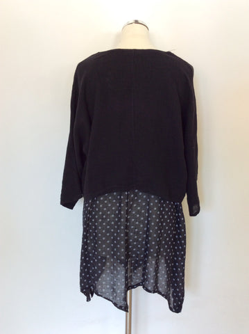 J&S MILLENIUM BLACK SPOTTED LINEN & COTTON LAGENLOOK TOP SIZE M/L