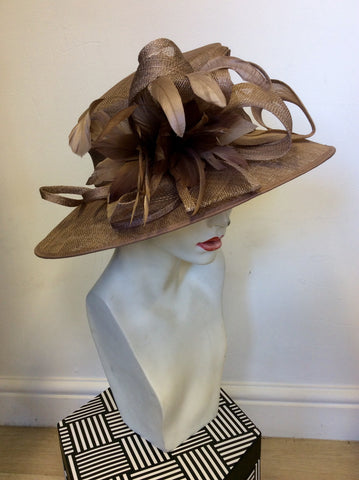 LINEA LIGHT BROWN BOW & FEATHER TRIM FORMAL HAT ONE SIZE