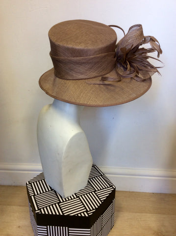 LINEA LIGHT BROWN BOW & FEATHER TRIM FORMAL HAT ONE SIZE