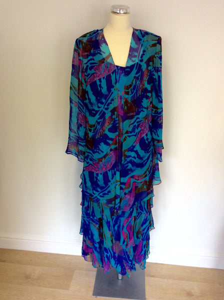 CATIVA TURQOUISE PRINT SILK DRESS & OVER BLOUSE/JACKET SIZE 16