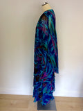 CATIVA TURQOUISE PRINT SILK DRESS & OVER BLOUSE/JACKET SIZE 16