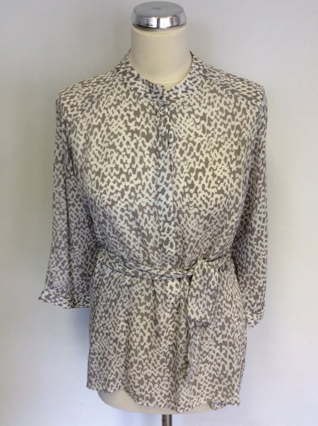 JAEGER BEIGE & WHITE PRINT SILK TIE WAIST BLOUSE SIZE 14