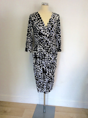 PHASE EIGHT WHITE WITH BLUE & BLACK SPOT TRIM STRETCH JERSEY DRESS SIZE 12