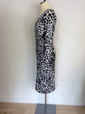 PHASE EIGHT WHITE WITH BLUE & BLACK SPOT TRIM STRETCH JERSEY DRESS SIZE 12