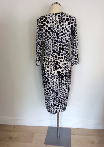 PHASE EIGHT WHITE WITH BLUE & BLACK SPOT TRIM STRETCH JERSEY DRESS SIZE 12