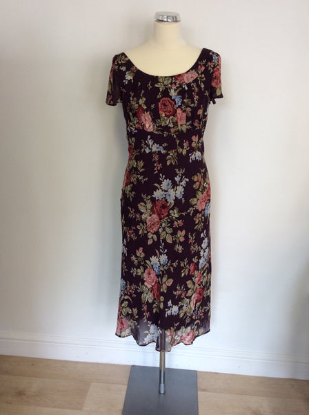 LAURA ASHLEY DARK PLUM FLORAL PRINT SILK DRESS SIZE 12