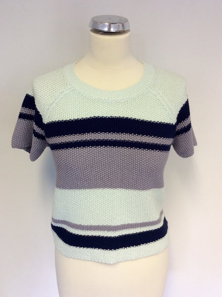 BRORA MINT GREEN,NAVY BLUE & GREY STRIPE SHORT SLEEVE COTTON JUMPER SIZE 8/10
