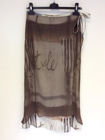 LAUREN VIDAL BROWN & WHITE PRINT & SHEER SILK OVERLAY LONG SKIRT SIZE S