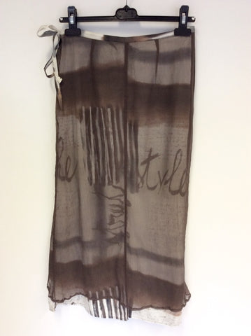LAUREN VIDAL BROWN & WHITE PRINT & SHEER SILK OVERLAY LONG SKIRT SIZE S
