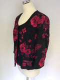 COUNTRY CASUALS BLACK & RED FLORAL PRINT SILK & LINEN BLEND SKIRT SUIT SIZE 14/16 PETITE