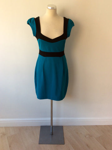 FRENCH CONNECTION TURQOUISE & BLACK BODYCON DRESS SIZE 10 - Whispers Dress Agency - Womens Dresses - 1