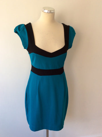 FRENCH CONNECTION TURQOUISE & BLACK BODYCON DRESS SIZE 10 - Whispers Dress Agency - Womens Dresses - 2