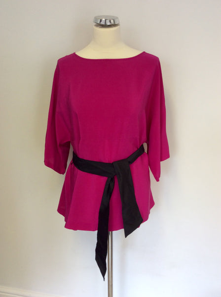 JAEGER HOT PINK SILK & BLACK TIE BELT TOP SIZE L