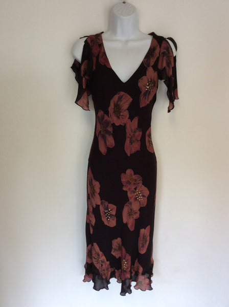 NOUGAT BROWN FLORAL PRINT SILK OCCASION DRESS SIZE 1 UK 8