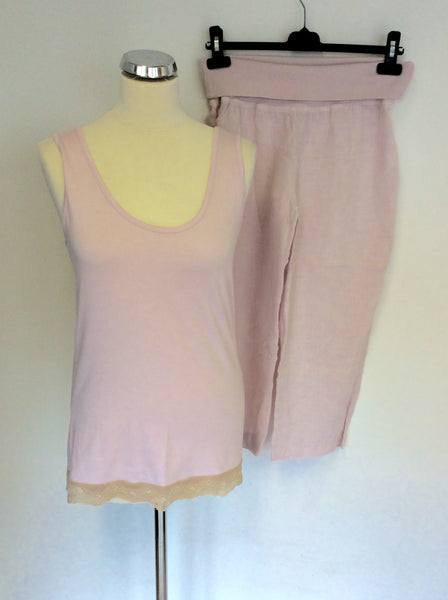 LAUREN VIDAL PALE PINK COTTON LACE TRIM VEST TOP & LINEN CROP TROUSERS SIZE M
