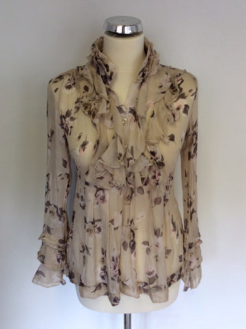 MADE IN ITALY NUDE BEIGE FLORAL PRINT SILK BLOUSE SIZE S