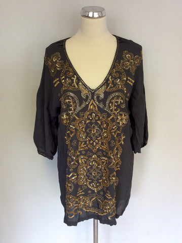 NOA NOA DARK GREY & GOLD EMBROIDERED & SEQUINED TOP SIZE S