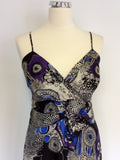 PLANET IVORY,PURPLE,BLACK & BLUE PRINT SILK MAXI DRESS SIZE 12