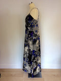 PLANET IVORY,PURPLE,BLACK & BLUE PRINT SILK MAXI DRESS SIZE 12