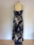 PLANET IVORY,PURPLE,BLACK & BLUE PRINT SILK MAXI DRESS SIZE 12