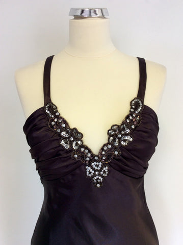 ZUM ZUM BY NIKI LIVAS DARK BROWN SATIN EVENING DRESS SIZE 7/8