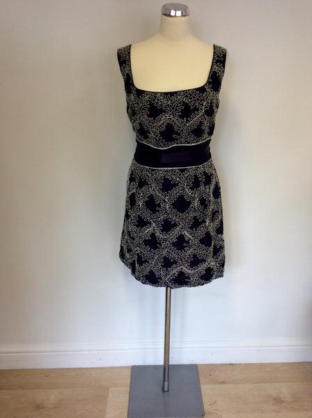 FRENCH CONNECTION DARK BLUE EMBROIDERED LINEN & COTTON DRESS SIZE 16