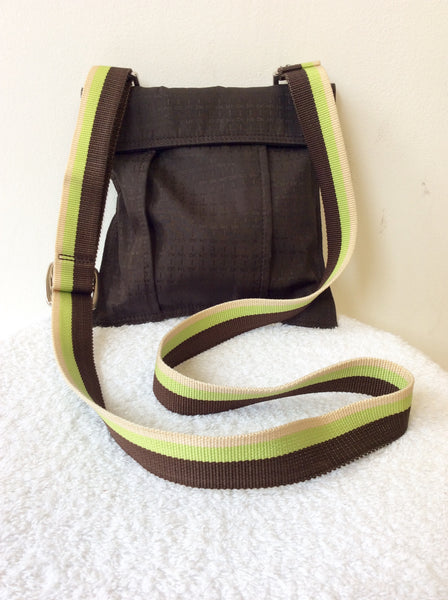 DKNY DARK BROWN MESSANGER BAG WITH GREEN,PINK & BROWN STRIPE STRAP