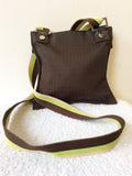 DKNY DARK BROWN MESSANGER BAG WITH GREEN,PINK & BROWN STRIPE STRAP