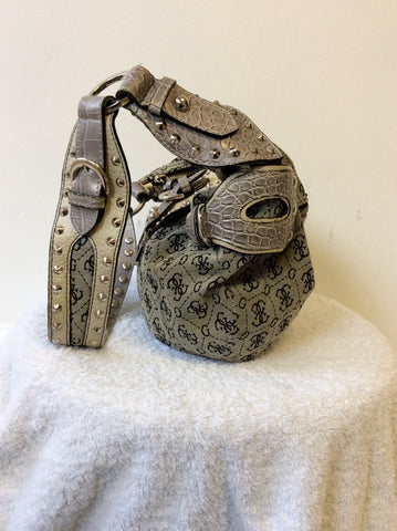 GUESS GREY TEXTILE & LEATHER STUDDED TRIM SHOULDER BAG