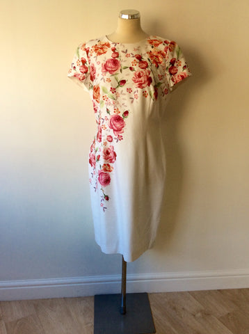 HOBBS INVITATION WHITE & PINK FLORAL PENCIL DRESS SIZE 14 - Whispers Dress Agency - Womens Dresses - 1