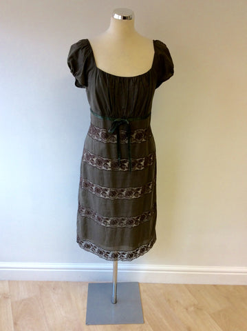 NOUGAT KHAKI LACE TRIM COTTON DRESS SIZE 4 UK 14 - Whispers Dress Agency - Sold - 1